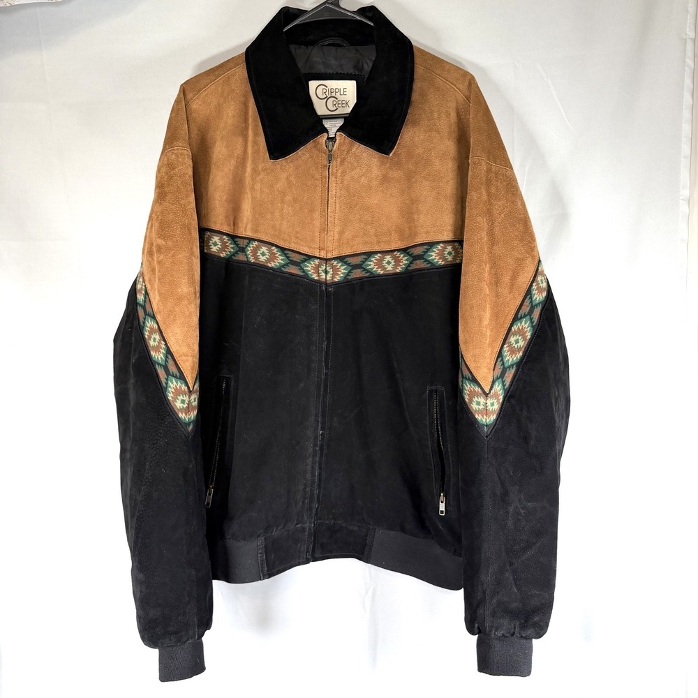Vintage Cripple Creek Aztec Western Suede Bomber Jacket Brown & Black / Size XL